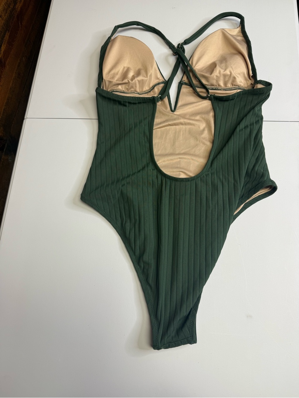 Shade & Shore Ribbed One-Piece Swimsuit in Green Size L low back cross straps - Picture 5 of 10